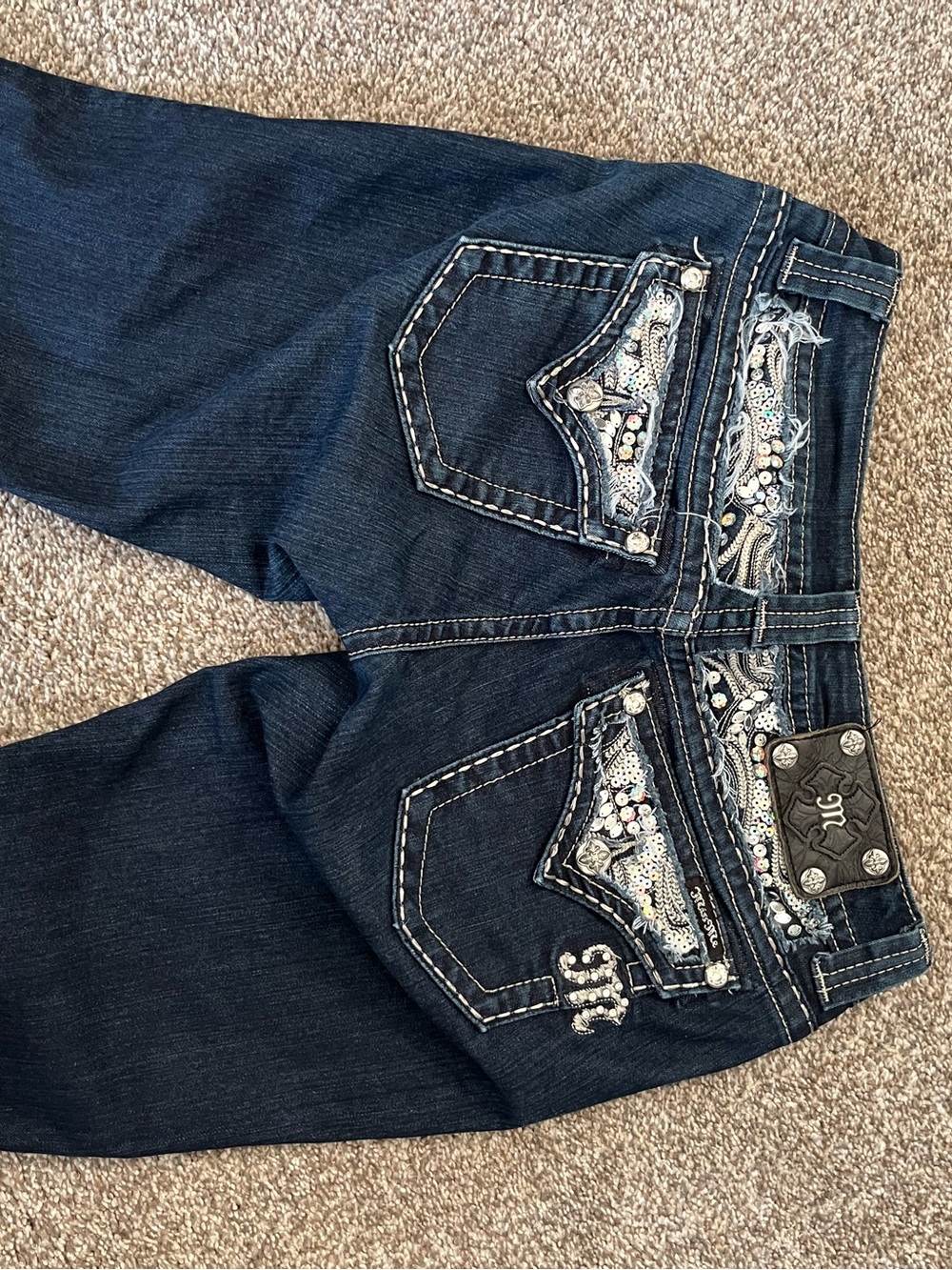 Miss Me Dark Blue Boot Cut Jeans with Rhinestone Embellished Pockets